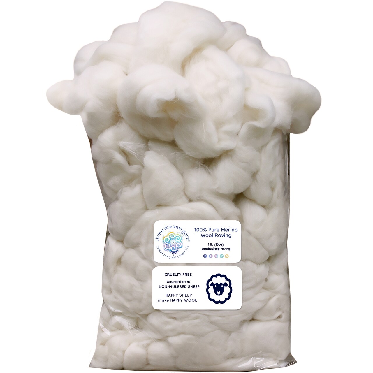 100% MERINO Wool Roving. Ethically & Responsibly Sourced Combed Top Fiber for Spinning, Filling and Stuffing - 1 LB Bag, Natural White